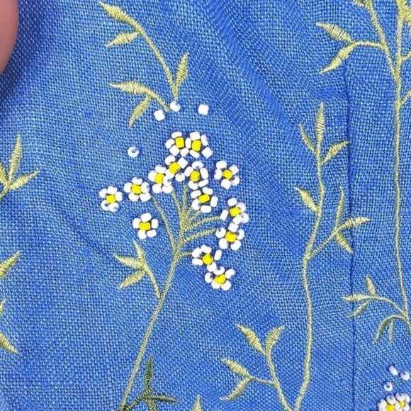 Vtg Maggy London Linen Square Neck Dress Sz 4 Embroidered Beaded Cottagecore - Picture 6 of 10